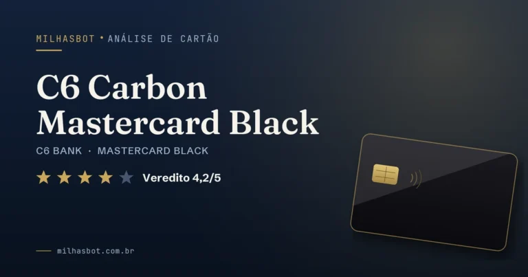 Arte de capa da análise MilhasBot do cartão C6 Carbon Mastercard Black.