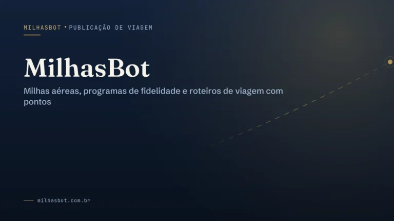 Card de capa do MilhasBot: fundo azul-marinho com o nome da marca e uma linha de voo pontilhada dourada, ilustrando milhas aéreas e roteiros de viagem.
