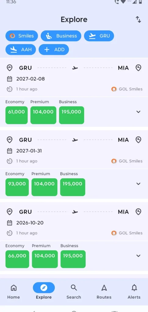 Tela Explore do seats.aero mostrando disponibilidade de milhas GRU-MIA na GOL Smiles