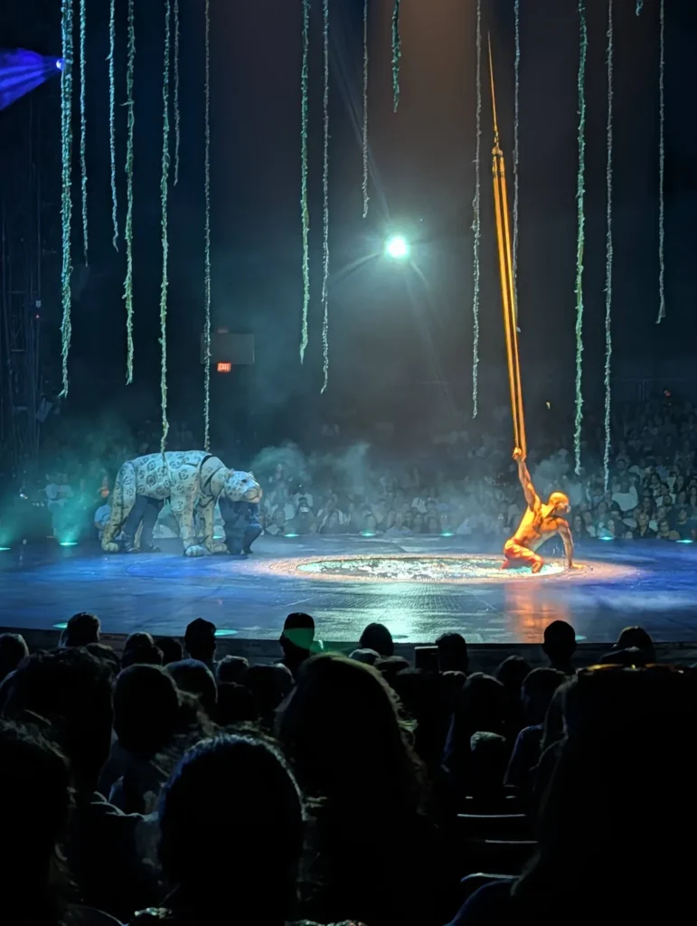 Performer em fitas aéreas ao lado da onça-pintada gigante do Cirque du Soleil LUZIA. Foto própria, 2026.