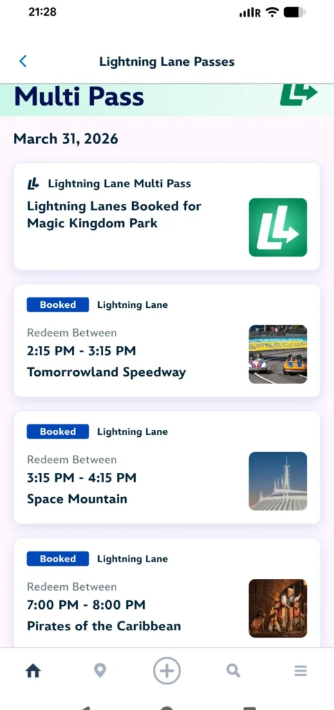 Tela do aplicativo My Disney Experience mostrando reserva de horarios do Lightning Lane Multi Pass. Captura propria, 2026.