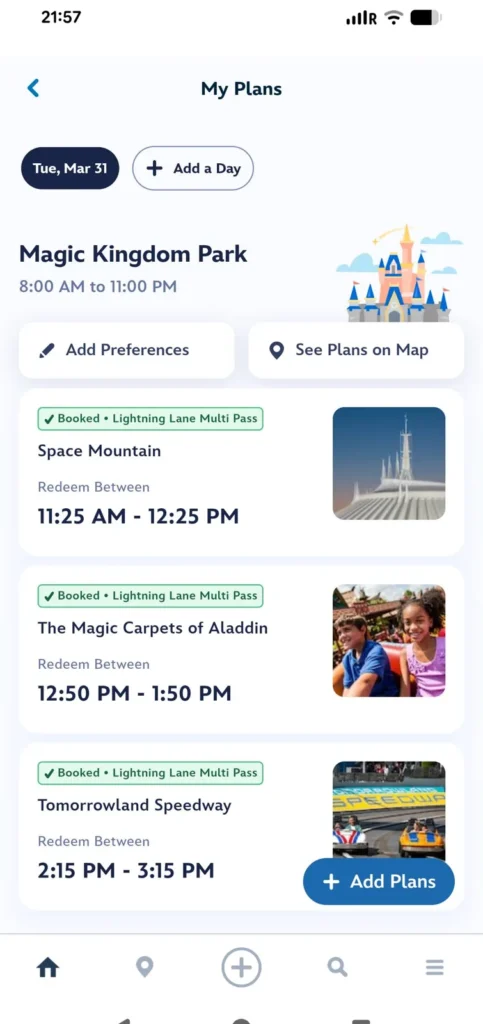 Tela My Plans do aplicativo My Disney Experience com atracoes de Lightning Lane ja reservadas. Captura propria, 2026.