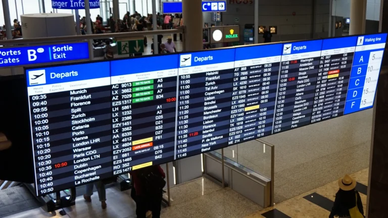 Painel de informações de voo em um aeroporto