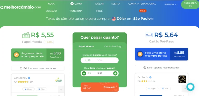 Tela do Melhor Cambio comparando dolar turismo em Sao Paulo, com cotacoes de papel moeda e cartao pre-pago