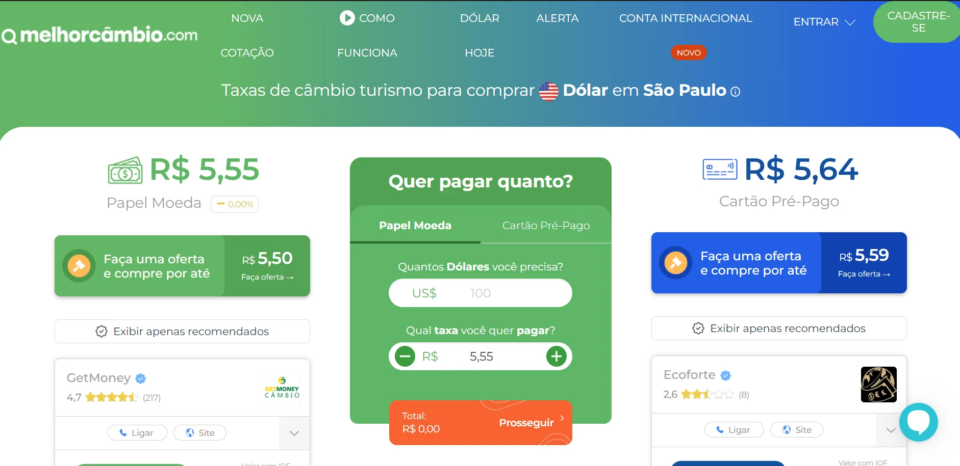Tela do Melhor Cambio comparando dolar turismo em Sao Paulo, com cotacoes de papel moeda e cartao pre-pago