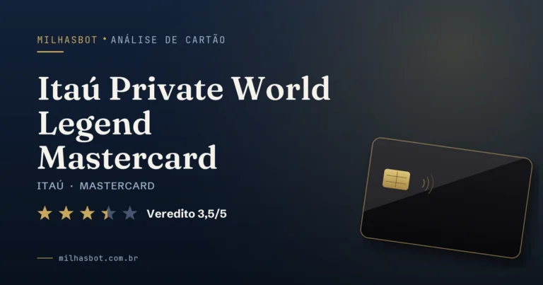 Arte de capa da análise MilhasBot do cartão Itaú Private World Legend Mastercard.
