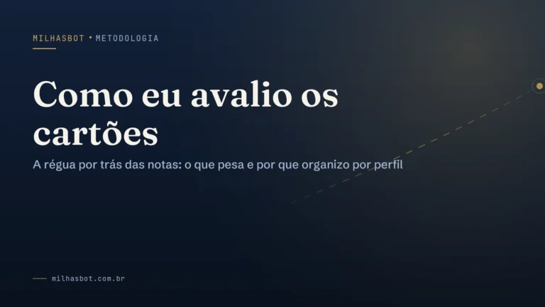 Arte de capa do MilhasBot: Como eu avalio os cartões.