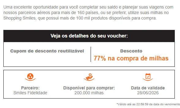 Voucher da Smiles com 77% de desconto na compra de milhas, válido até 28/06/2026