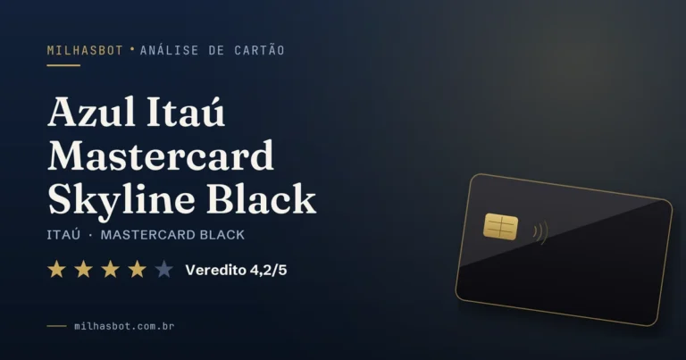 Arte de capa da análise MilhasBot do cartão Azul Itaú Mastercard Skyline Black.
