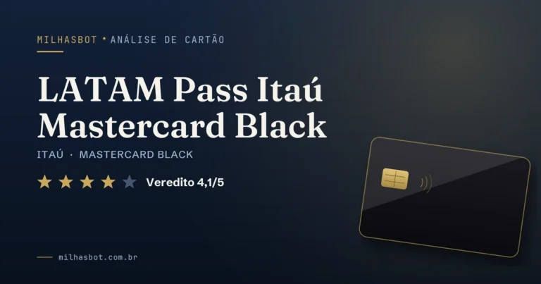 Arte de capa da análise MilhasBot do cartão LATAM Pass Itaú Mastercard Black.
