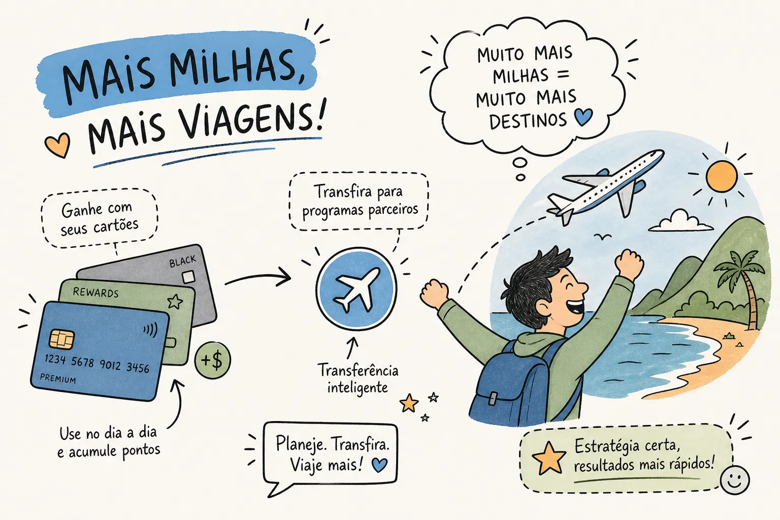 Ilustração: use o cartão no dia a dia, transfira para o programa parceiro e viaje com as milhas acumuladas