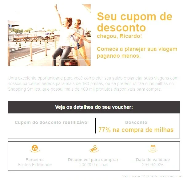 E-mail da Smiles com cupom de 77% de desconto na compra de até 200.000 milhas, válido até 29/09/2026