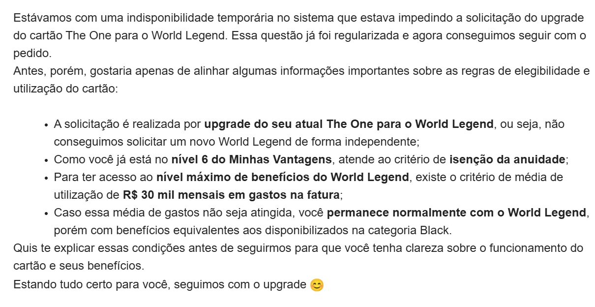 E-mail da gerente do Itaú com as condições do upgrade, sem dados de contato