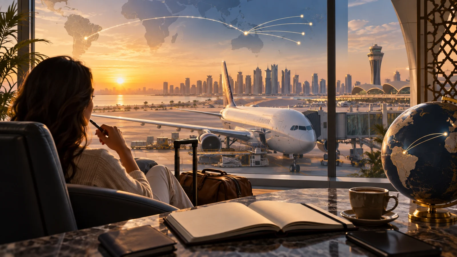 Ilustração de planejamento de conexão aérea em Doha para a Ásia