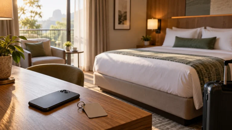 Quarto de hotel iluminado com mala e chave da hospedagem