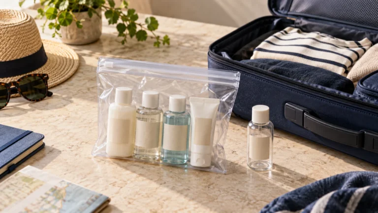 Frascos de cosméticos em embalagem transparente fechável ao lado de uma mala de cabine aberta.