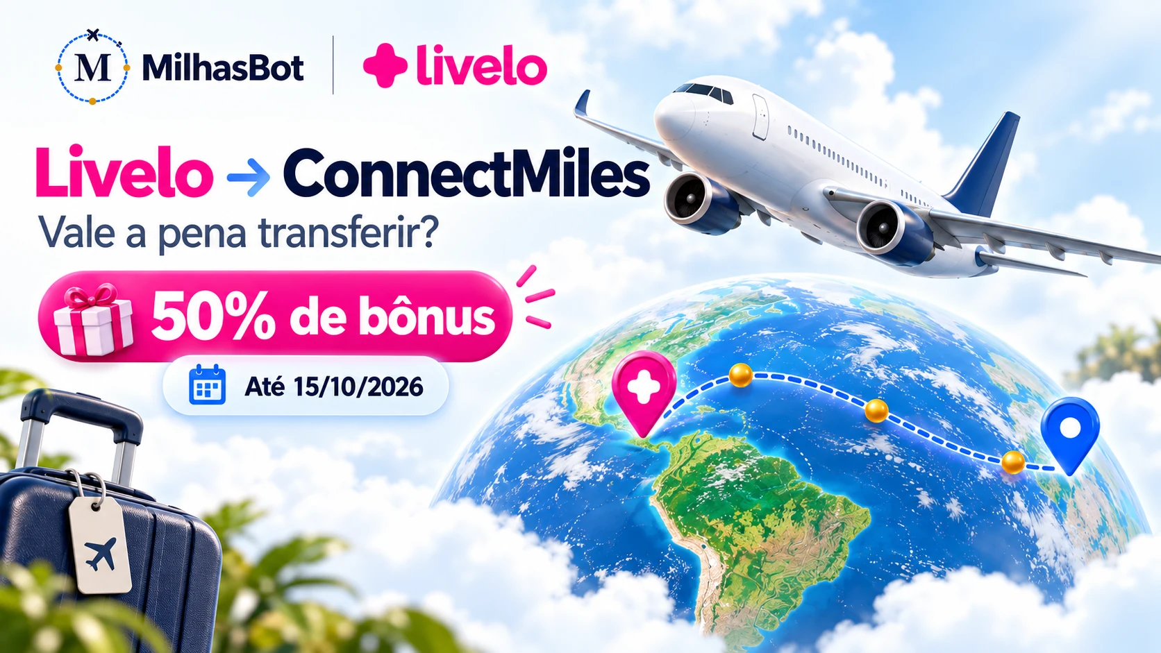 Livelo → ConnectMiles. 50% de bônus. Até 15/10/2026.