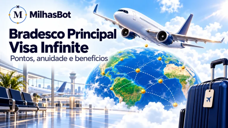 Bradesco Principal: pontos, anuidade e salas VIP. Ilustração de viagem com o produto analisado.