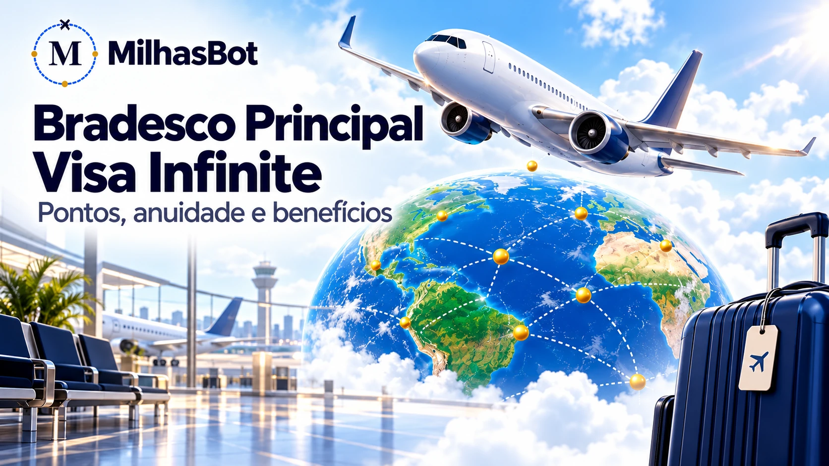 Bradesco Principal: pontos, anuidade e salas VIP. Ilustração de viagem com o produto analisado.
