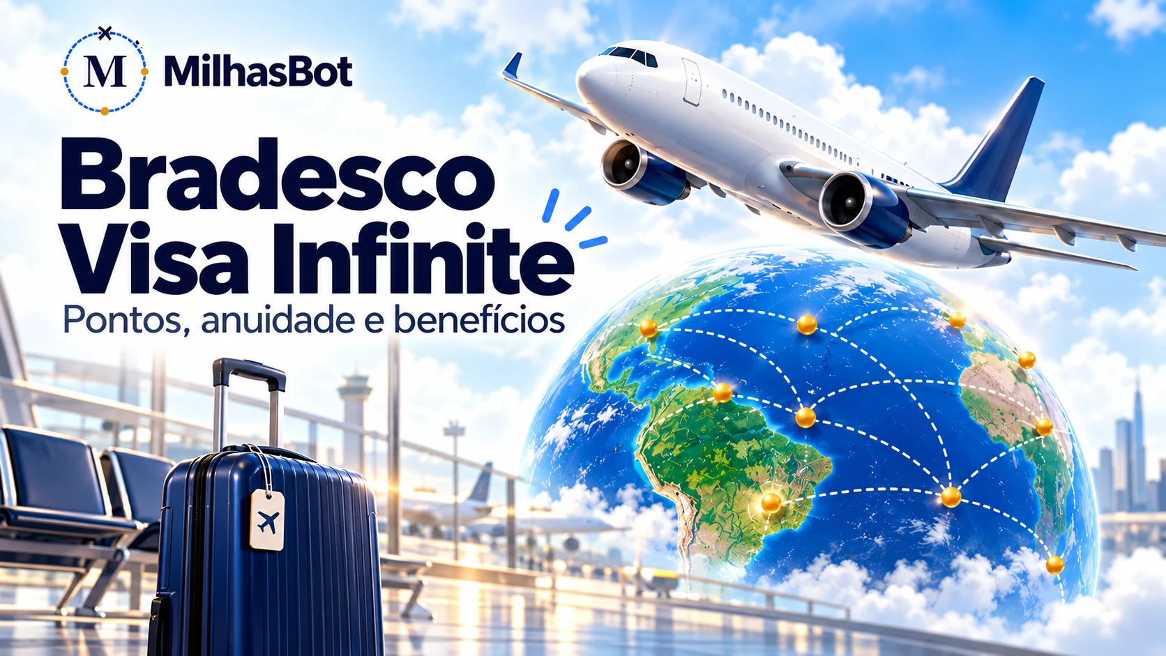 Bradesco Visa Infinite: pontos, anuidade e salas VIP. Ilustração de viagem com o produto analisado.