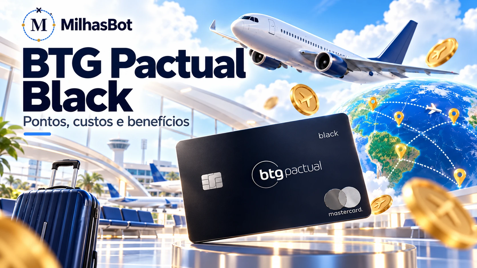 BTG Pactual Black: pontos, custos e benefícios. Ilustração de viagem com o cartão BTG.