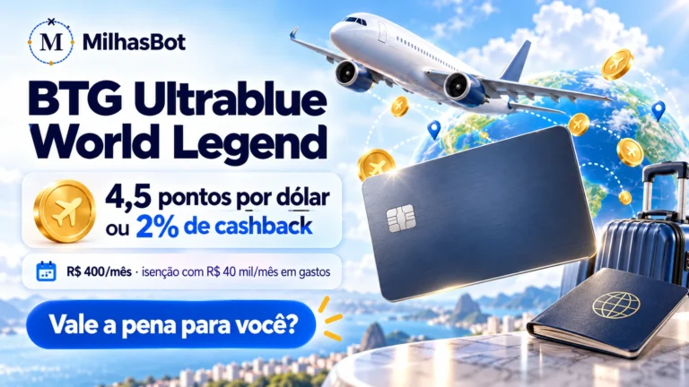 BTG Ultrablue World Legend: pontos, custos e salas VIP. Ilustração de viagem com cartão genérico.
