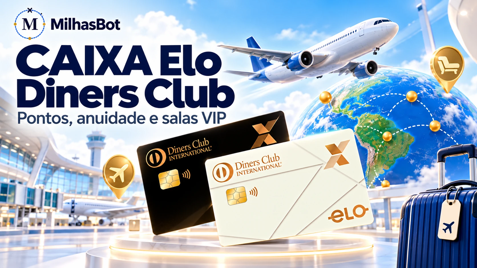 CAIXA Elo Diners Club: pontos, anuidade e salas VIP. Ilustração de viagem com o cartão CAIXA.