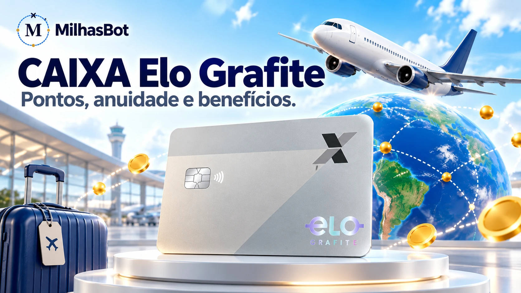 CAIXA Elo Grafite: pontos, anuidade e benefícios. Ilustração de viagem com o cartão CAIXA.