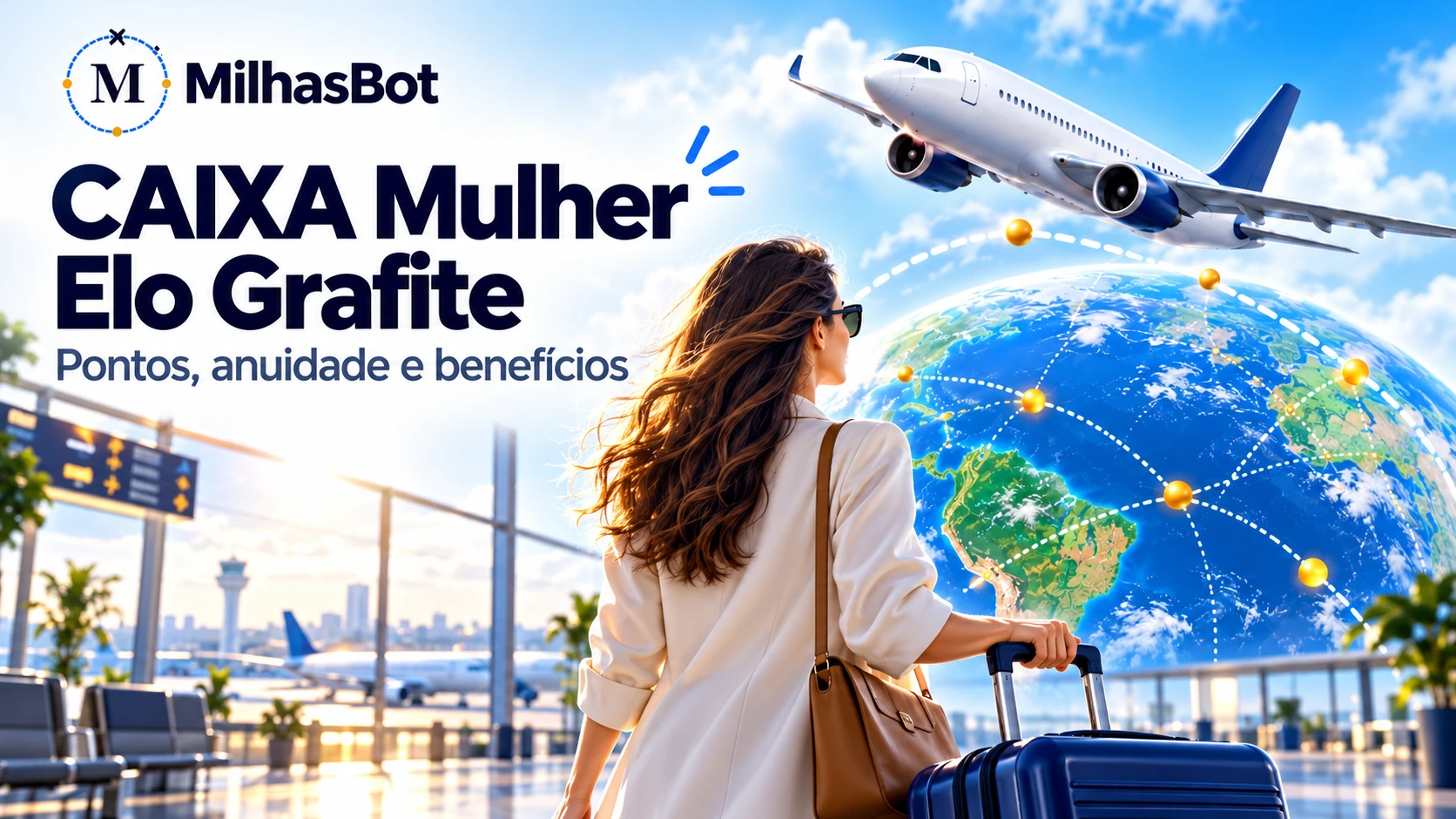 CAIXA Mulher Elo Grafite: pontos, anuidade e benefícios. Ilustração de viagem com o produto analisado.