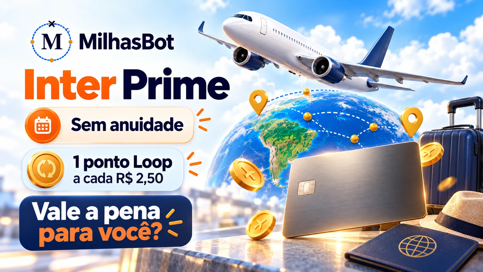 Inter Prime: pontos Loop, salas VIP e como conseguir. Ilustração de viagem com cartão genérico.