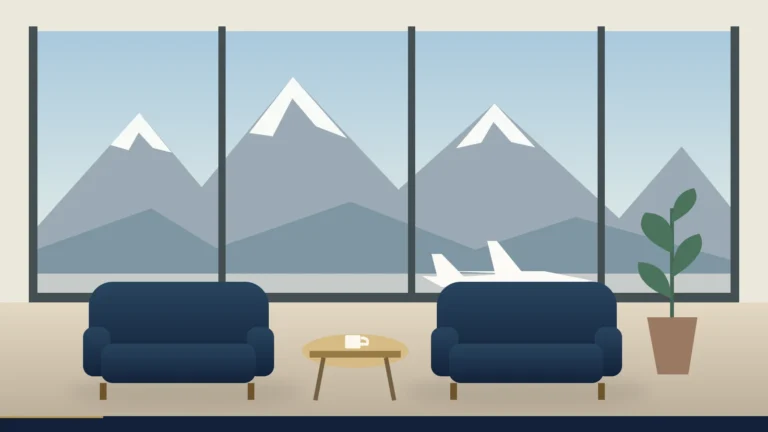 Ilustração de sala de espera aeroportuária com montanhas ao fundo; arte editorial do MilhasBot, não fotografia do LATAM Lounge
