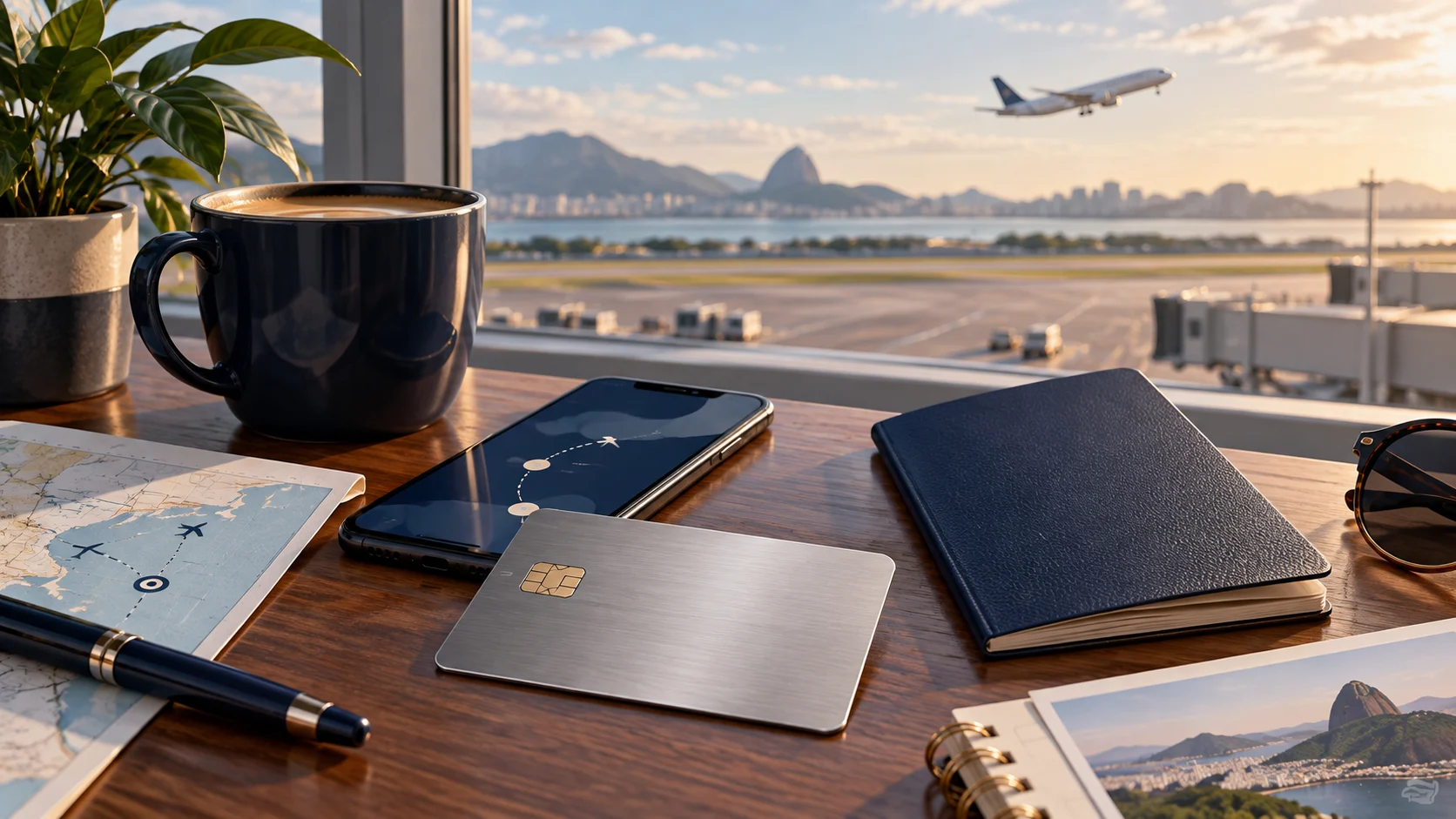 Ilustração de planejamento de viagem com cartão genérico, passaporte e celular junto à janela de um aeroporto