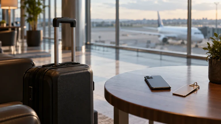 Mala e chave de hospedagem em uma mesa de terminal de aeroporto