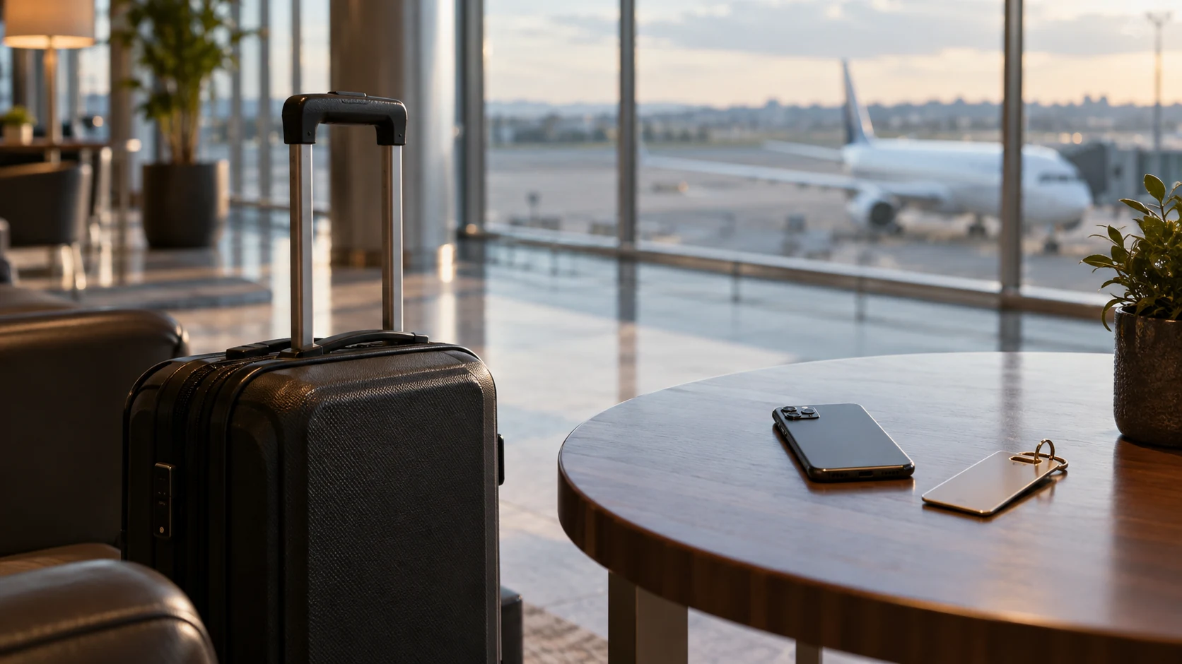Mala e chave de hospedagem em uma mesa de terminal de aeroporto