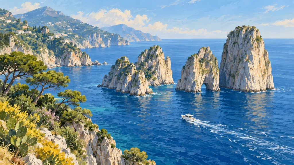 Ilustração da costa de Capri com formações rochosas e pequena embarcação