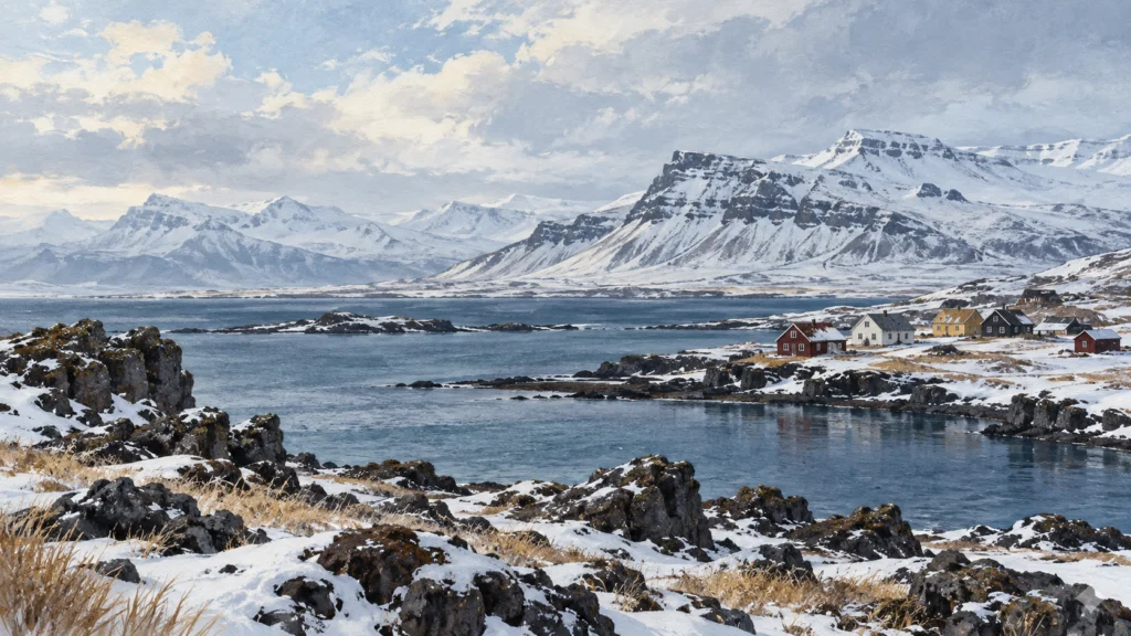 Ilustração editorial de paisagem islandesa no inverno