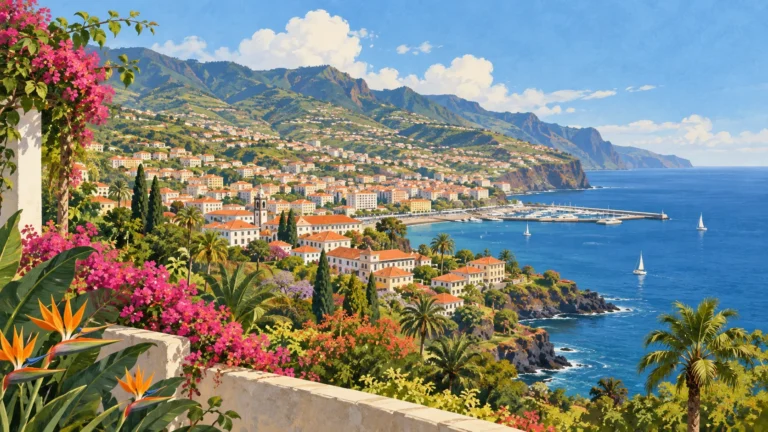 Ilustração editorial de Funchal, Madeira, com montanhas e baía
