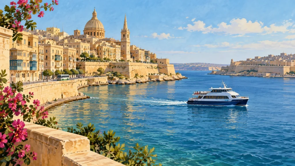 Ilustração editorial de paisagem portuária de Malta com ferry