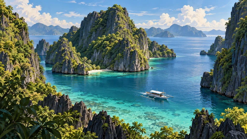 Ilustração editorial de Palawan, com ilhas calcárias e barco