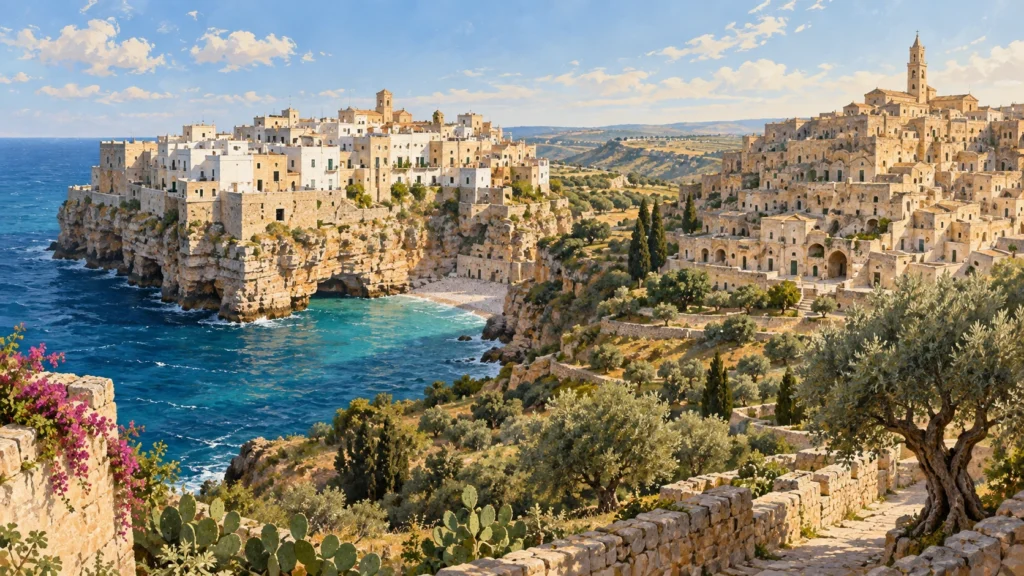Ilustração editorial de arquitetura costeira da Puglia e dos Sassi de Matera