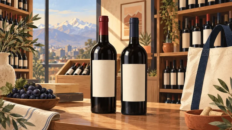 Ilustração editorial de garrafas de vinho e sacola de compras, gerada por IA; não representa lojas reais.
