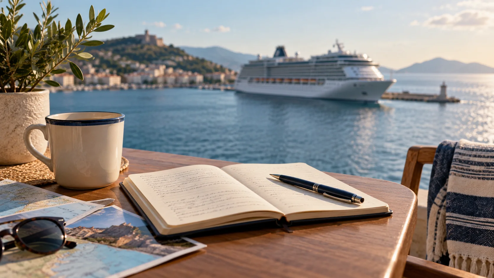 Planejamento de cruzeiro com caderno e navio genérico ao fundo