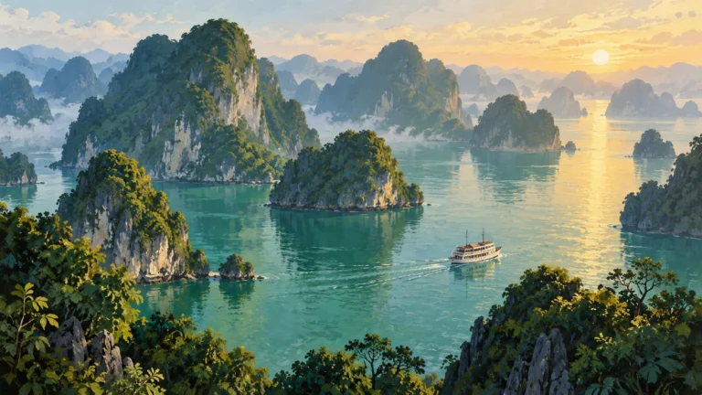 Ilustração editorial da paisagem de Ha Long, com ilhas calcárias e barco