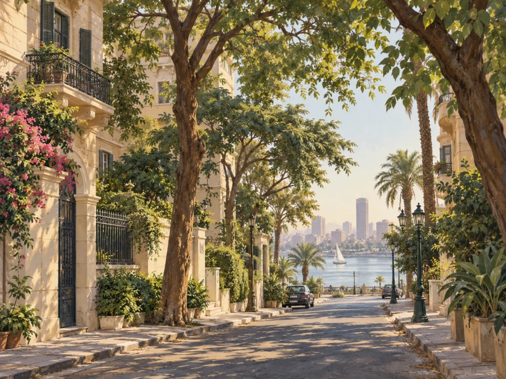 Ilustração editorial de uma rua arborizada em Zamalek, Cairo; não é fotografia do Longchamps